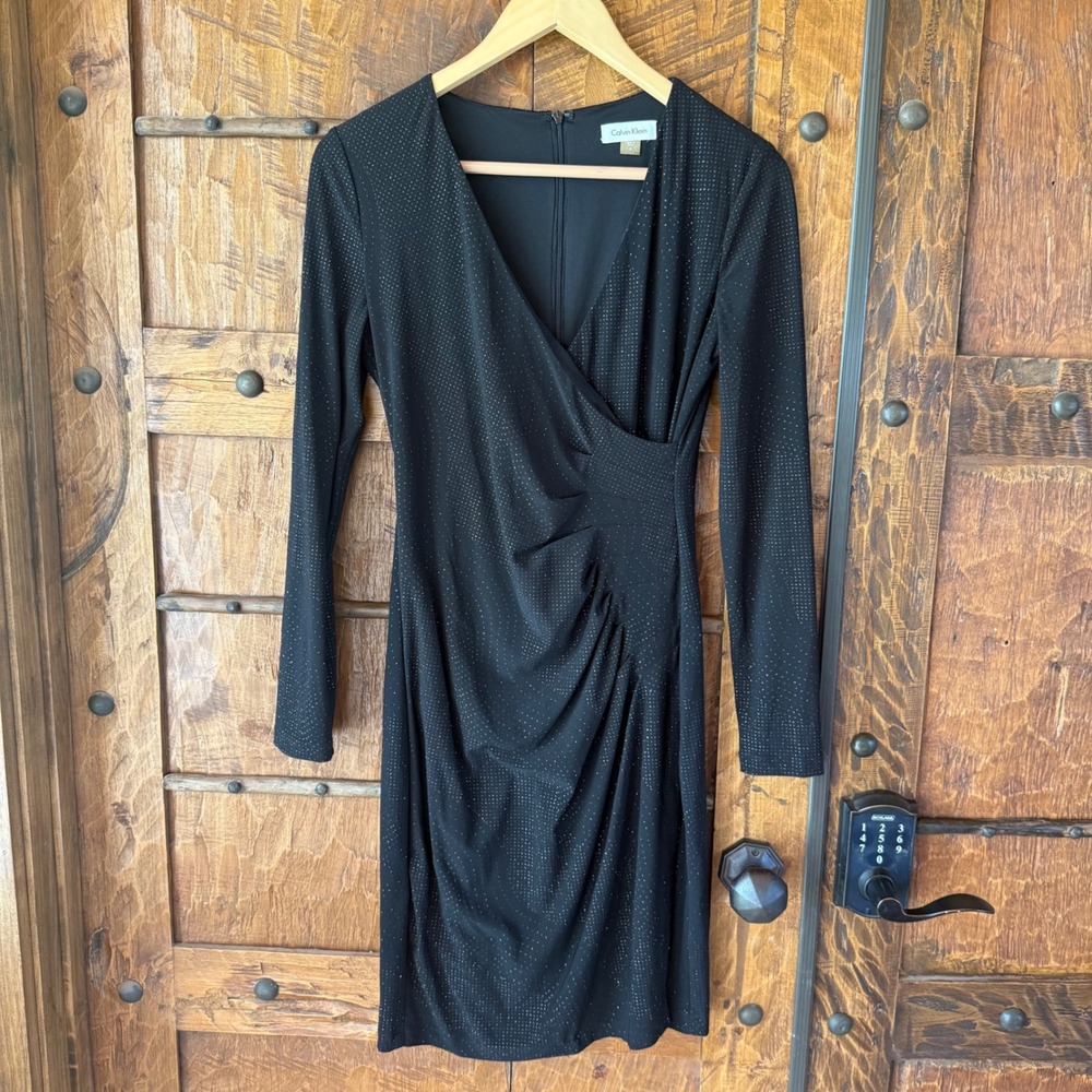 Calvin Klein Sheath Dress Womens 4 Black Metallic Shimmer Faux Wrap Long Sleeve